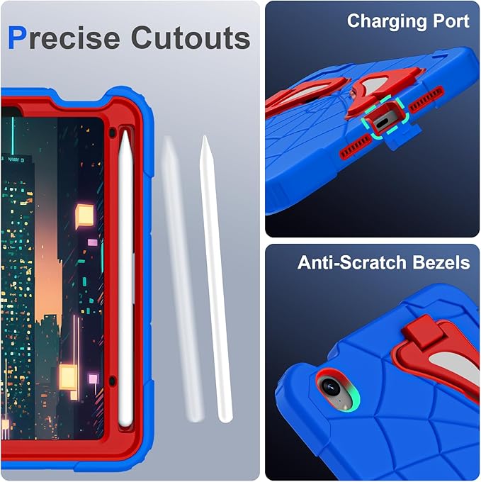 Kids Case for iPad mini 7 A17 Pro 2024/ Mini 6 8.3 inch Spider Case for iPad mini 7th 6th Generation Shockproof Durable Full Protective Cover with Pencil Holder Kickstand (Blue+Red)