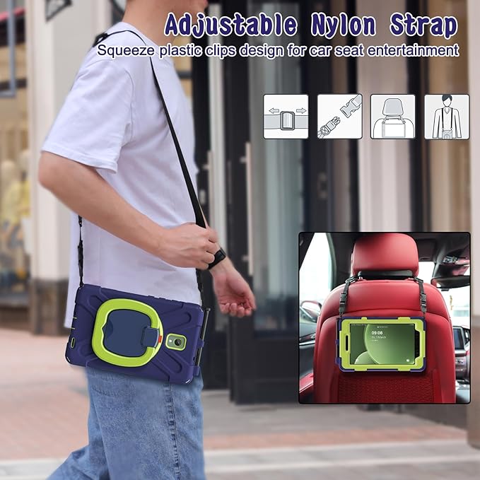 Rugged Case for Samsung Galaxy Tab Active5 5G (SM-X306B/X300) w/ 360° Rotating Hanging Ring Handle Grip Kickstand Heavy Duty Shock-Proof Armor Cover w/Shoulder Strap Stylus Holder(Navy+Lime)