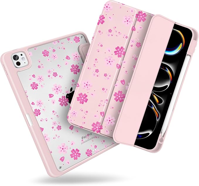 MecBevia Case for iPad Pro 11 inch M5 2025 / M4 2024 (6th/5th Gen) A3357 A3358 A3359 A2836 A2837 A3006 – Built-in Pencil Holder &amp Auto Wake/Sleep Pink Petals