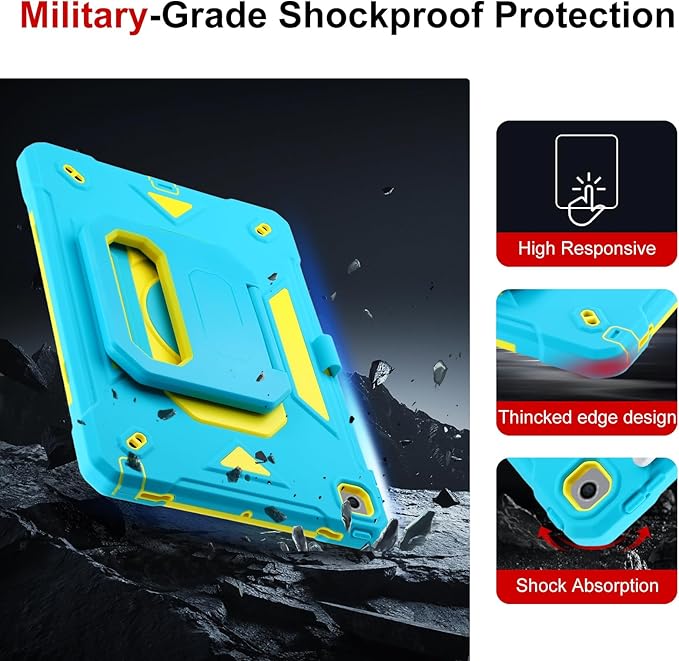 Case for iPad 9th Generation (2021) /iPad 8th Gen (2020)/iPad 7th Gen (2019) Military Grade Shockproof iPad Case Built-in 360°Rotating Stand/Pen Slot/Shoulder Strap for iPad 10.2 (Blue+Yellow)