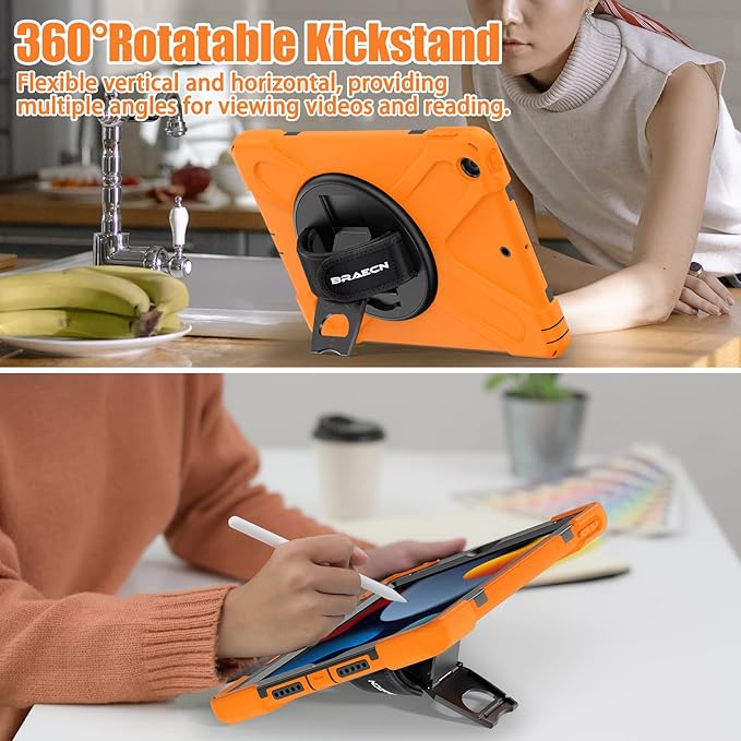 BRAECNstock for Apple iPad 9th/ 8th/ 7th Generation Case 10.2 2021/2020/2019 Shockproof Protective iPad 10.2 inch Kids Case with Screen Protector Rotating Stand+Hand Strap Shoulder Strap Orange