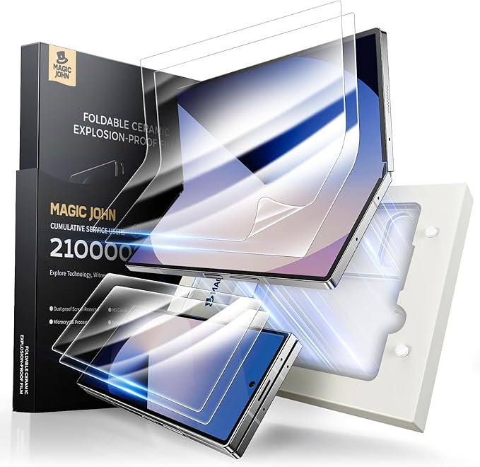 MAGIC JOHN for Samsung Galaxy Z Fold 6 Screen Protector [Not Glass] 2 Pack Inner Flexible PET Film &amp Front Film with Auto Align Mounting Frame Kit Full Coverage No Creases Bubble-Free HD Clea