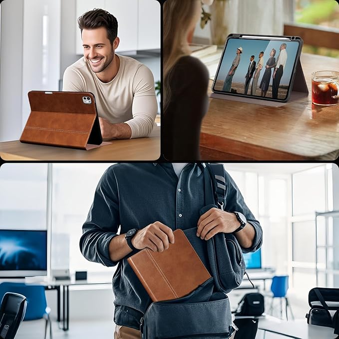 Gexmil Genuine Leather Case for iPad Pro 11 Inch (M5/M4) 2025/2024 with Pencil HolderProtective Shockproof Leather Smart Folio Cover Adjustable Stand Auto Sleep/Wake Anti-SlipVegetable Tanned Brown