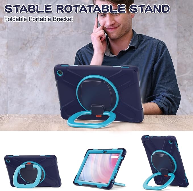 All-New Fire HD 10 &amp Fire HD 10 Kids Pro Tablet Case (13th Gen 2023 Release)Heavy Sturdy Shockproof Kids CaseRotating Stand/Carrying Strap (Navy Blue+Blue)