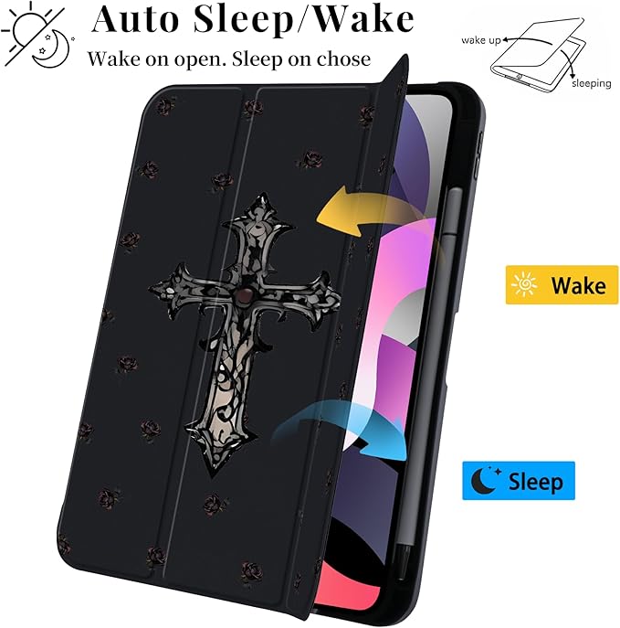 Y2k Printed Case for iPad Pro 11(M5) 2025 6th Gen/(M4) 2024 5th Gen Gothic Dark Rose Cross Clear Hard Back Hybrid Casewith Pencil Holder Trifold Stand Slim Tablet Cover for Women