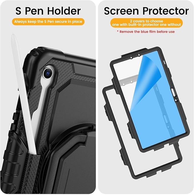 HXCASEAC Case for Galaxy Tab S10 lite / S10 FE / S9 FE 10.9 Inch Shockproof | 360° Rotating Stand | S Pen Holder | Screen Protector | Shoulder Strap | Samaung S10 Lite Tablet Case Kids Black