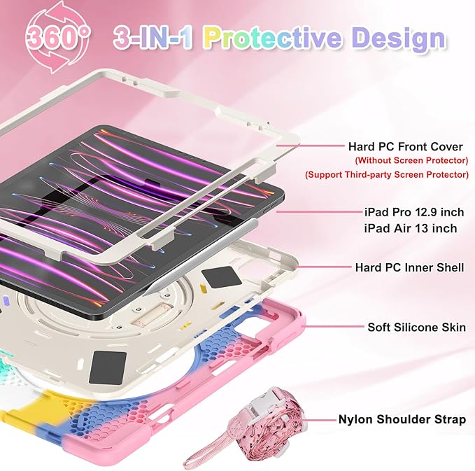 BRAECNstock Kids Case for Apple iPad Air 13 inch (M4/M3/M2)/ iPad Pro 12.9 inch 6th/5th/4th/3rd Gen Shockproof Protective Case with Pencil Holder 360° Rotating Hand Strap + Stand Colorful Pink