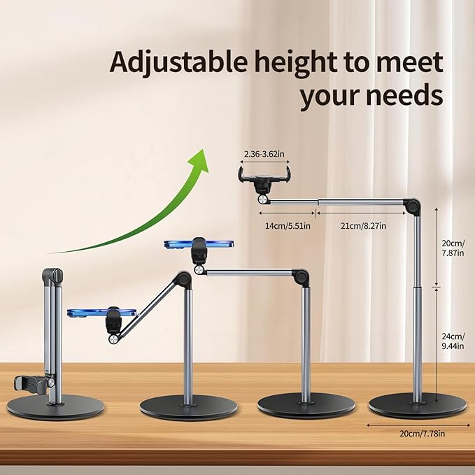 yAyusi Heavy Duty Aluminum Overhead Tripod for iPhone 13.7 in Long Overhead Phone Mount Flexible Articulating Arm Phone Mount for Desk for Live Streaming Meeting Cooking
