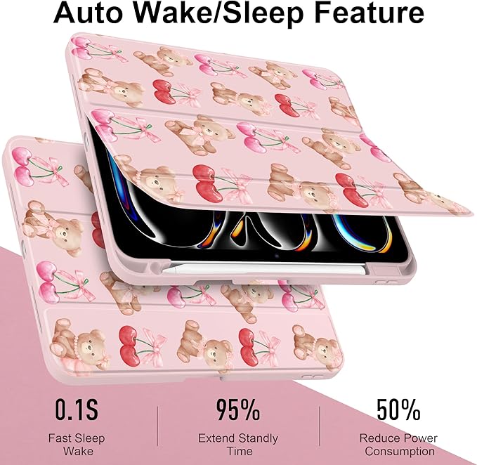 DONGKE for iPad Pro 11-Inch Case (M5 2025 / M4 2024) 6th/5th Generation [Auto Sleep/Wake &amp Pencil Pro Holder] Clear Acrylic Back Smart Trifold Stand Cover Bear &amp Cherry