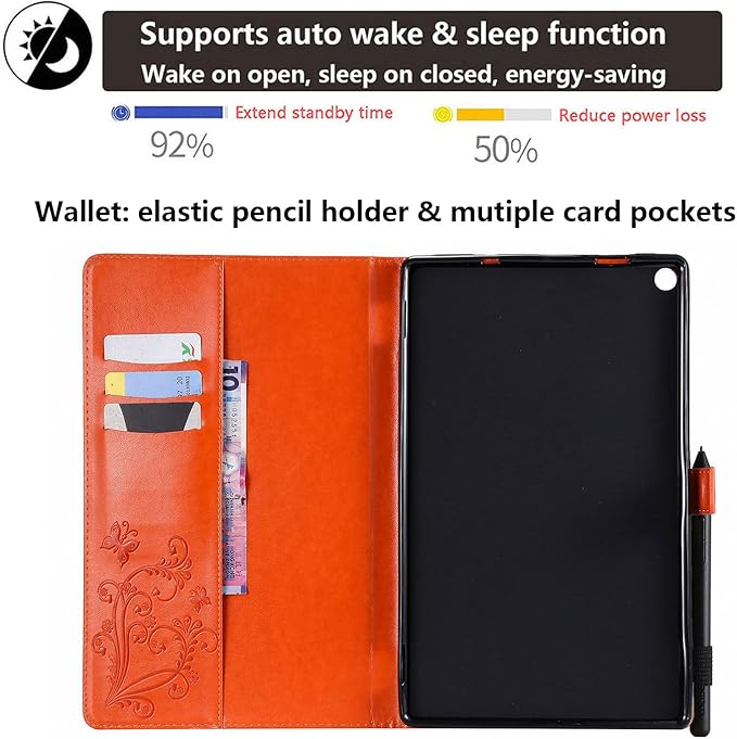 Kindle Fire HD 10 Tablet 2019/2017 Case 9th/7th Generation with Pencil Holder Pockets [Auto Sleep/Wake] Folio Stand Embossed PU Leather Magnetic Smart Wallet TPU Cover Orange Butterfly