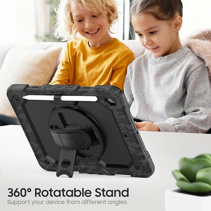 Case for iPad 9th/ 8th/ 7th Generation 10.2'' Shockproof 360° Rotating Hand Strap &amp Kickstand Protective Cover with Screen Pencil Holder for iPad 10.2 inch 2021-2019 Camo Black