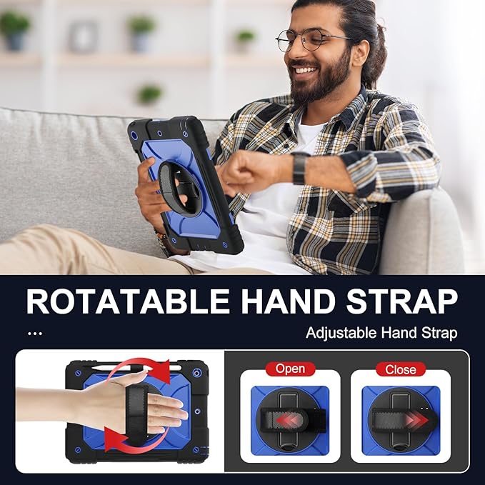 for iPad 9th/8th/7th Generation CaseiPad 10.2 Case 2021/2020/2019 with Cute Key Chain Rugged Protective Case with 360°Rotating Stand &amp Shoulder Hand Strap &amp Pen Slot for 10.2 Inch (Black+Bl