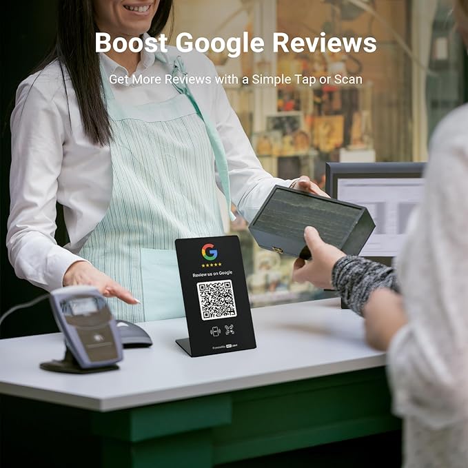 HotLabel – Google Review Stand 3-Pack + Bonus Google Review Tap Card 3-Pack – Black – NFC Tap &amp QR Code – Supports 6 Different Stores or Same – All Phones Compatible – No App/Subscription