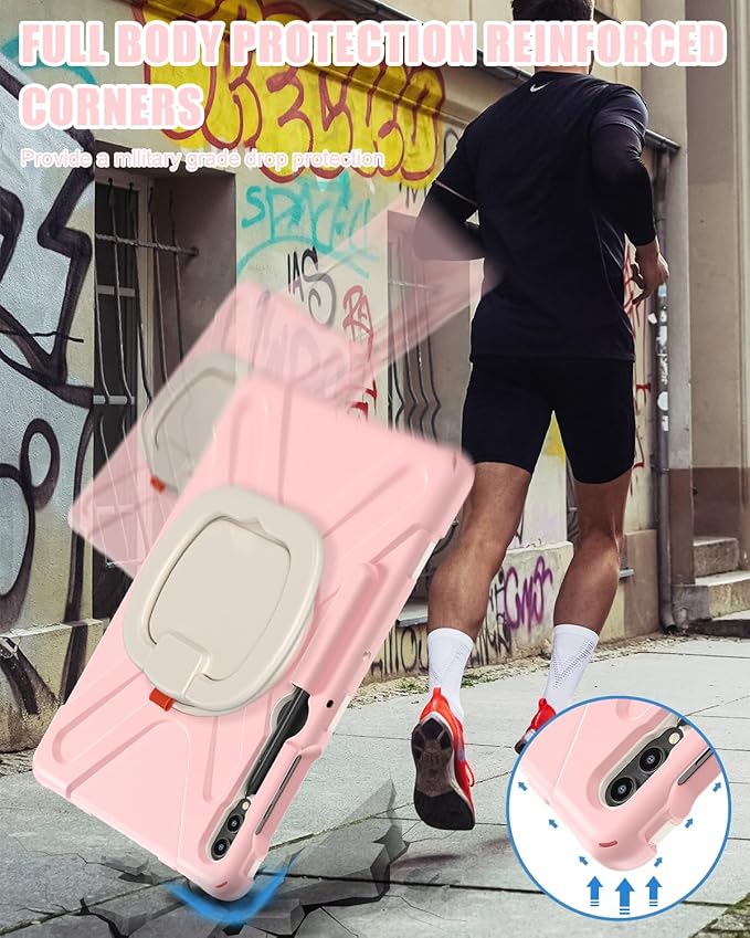 BRAECN Case for Samsung Galaxy Tab S10+/S9 FE+/S9+ 12.4” 2024 Rugged Silicone Cover with Shoulder Strap/S Pen Holder/Screen Protector/Kickstand/Handle Grip for Tab S9+/S8+/S7 FE/S7+ Sakura Pink
