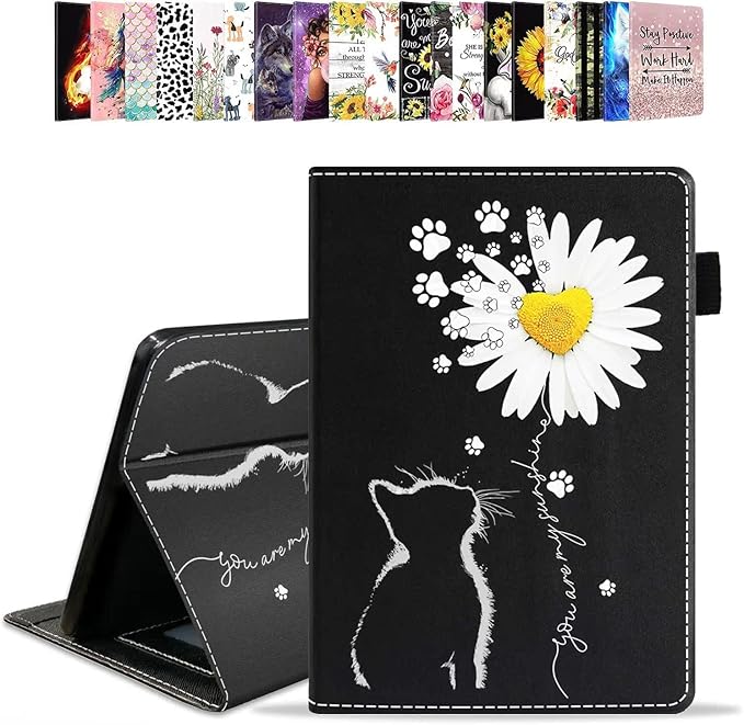 Case for Amazon Kindle Fire HD 10 &amp 10 Plus Tablet 10.1 (13th/11th Generation 2023/2021 Release) - PU Leather Folio Case with Smart Auto Wake/Sleep Cat and Daisy Flower