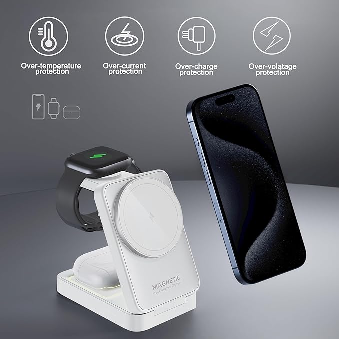 MALOM W91 3-in-1 Multifunctional Wireless Magnetic Charger for iPhone Apple Watch AirPods Foldable Nightlight (White)