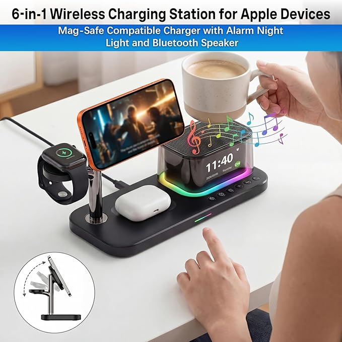 45W 5 in 1 Wireless Charging Station with Alarm Clock and Bluetooth Speaker &amp Night Light Qi2.2 25W Fast Charger for MagSafe for iPhone 17/S26 Ultra Charger Stand for iWatch &amp Galaxy Watch