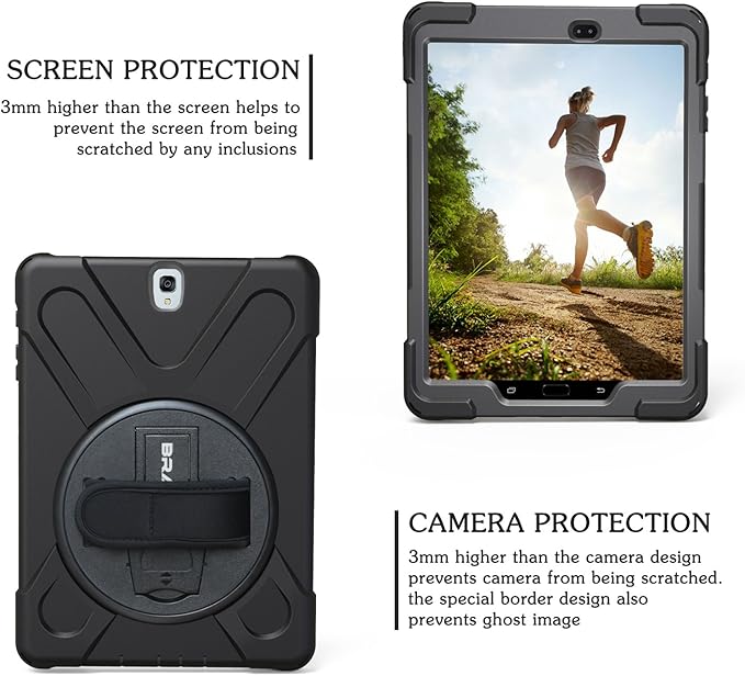 BRAECN for Samsung Galaxy Tab A 9.7 Inch SM-T550/P550 Case Heavy Duty Shockproof Protection Rugged 360° Rotating Stand Handle Shouler/Hand Strap Durable Kidse-Black
