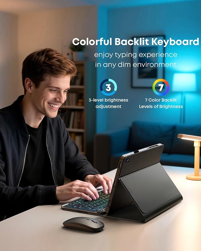 for Amazon Fire HD 10/10 Plus Case with Keyboard (11th/13th Generation 10.1 inch) - Rainbow Backlit Keyboard Case - Built in Pencil Holder with Mouse - Black