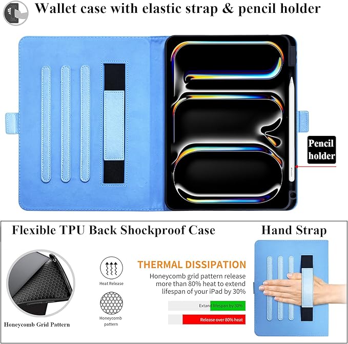 for iPad Pro 11 inch M4 Case 2024 (Model: A2836/A2837/A3006)with Stand/Hand Strap/Pencil Holder/Pockets [Auto Wake/Sleep] Magnetic Smart Slim Wallet Shockproof Cover Purple Flower Butterfly