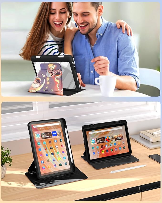 Kidcube for Kindle Fire HD 10/10 Plus Tablet Case - 13th/11th Generation (2023/2021) 10.1 Women Girls Boys Cute Astronaut Design Rotating Stand Pencil Holder Folio Cases for Amazon Fire HD 10/10 Plus