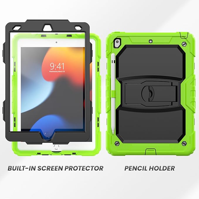 HXCASEAC Kids Case for iPad 9th/8th/7th Generation Full Body Protective Design | Foldable Stand | Screen Protector | Pencil Holder Durable for iPad 9th Gen / 8th Gen 10.2 inch Dark Green