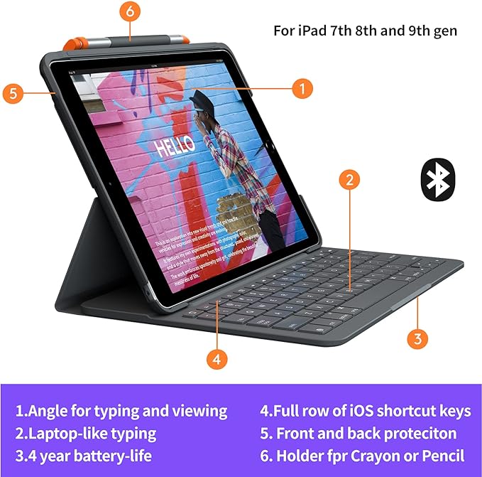 Logitech iPad (7th 8th and 9th Generation) Keyboard Case | Slim Folio with Integrated Wireless Keyboard (Graphite) 7.3 x 10.1 x 0.9