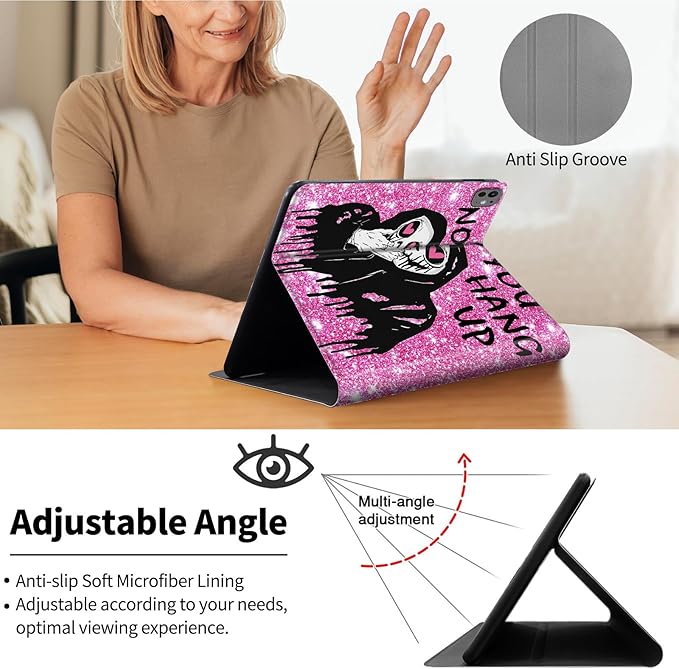 Case for iPad Pro 13 Inch Case M4 (2024 Model 7th Generation)PU Leather Folio Cover with Auto Sleep WakeMulti-Angle ViewinSkull Face Pink