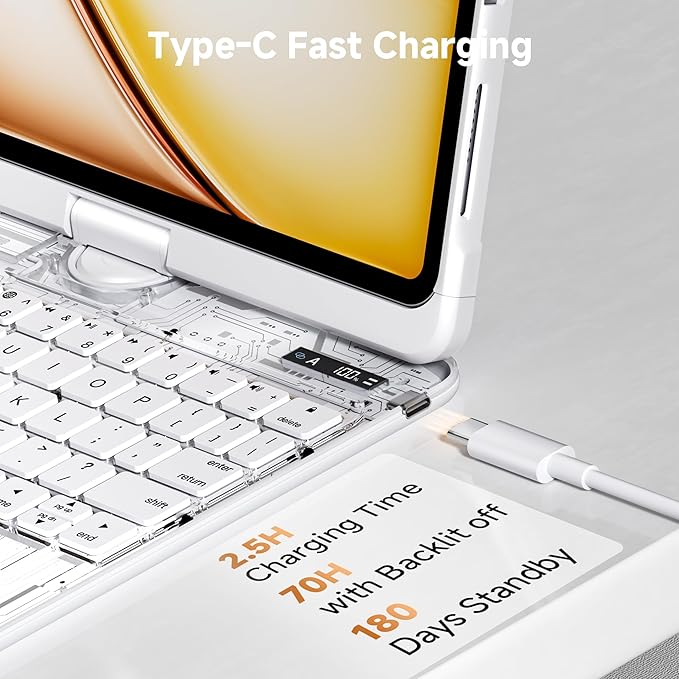 Transparent Keyboard Case for iPad Pro 13 Inch (M5 2025/M4 2024) with Multi-Touch Trackpad 360° Rotating Stand 7-Color 3-Level Backlit Wireless Bluetooth Pencil Holder White