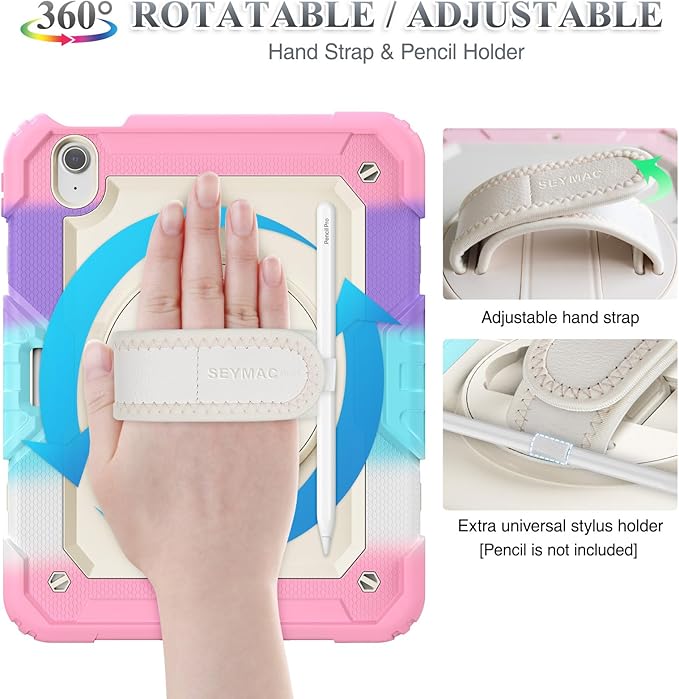 SEYMAC stock Case for iPad Air 11-inch M4-M2 2026-2024 (Gen 8-6) Shockproof Heavy Duty Case with Screen Protector Pencil Holder Rotating Stand Hand Strap Shoulder Strap Pink
