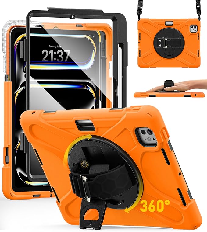 BRAECN Case for iPad Pro 11 inch M5 2025 &amp M4 2024 4 Layers Heavy Duty Full-Body Protection Screen Protector Pencil Holder 360° Rotating Handle Kickstand Shoulder Strap Kids Friendly