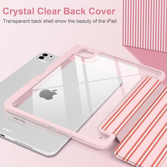 Case for iPad Pro 11 Inch (M5 2025 M4 2024) – [Built-in Pencil Holder] Shockproof &amp Stylish Clear Hard Back + Soft TPU Edge Magnetic Trifold Stand Auto Wake/Sleep Pink Stripes