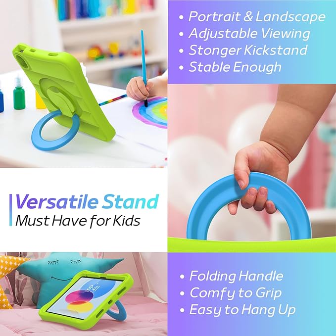 MRWHO Kids Case for iPad (A16) 11th Generation 11 inch 2025/ 10th Generation 10.9 inch 2022 - Sturdy Lightweight Flexible Shockproof Rotating Stand Handle Girls Boys Cover for iPad 11 10 Gen Green