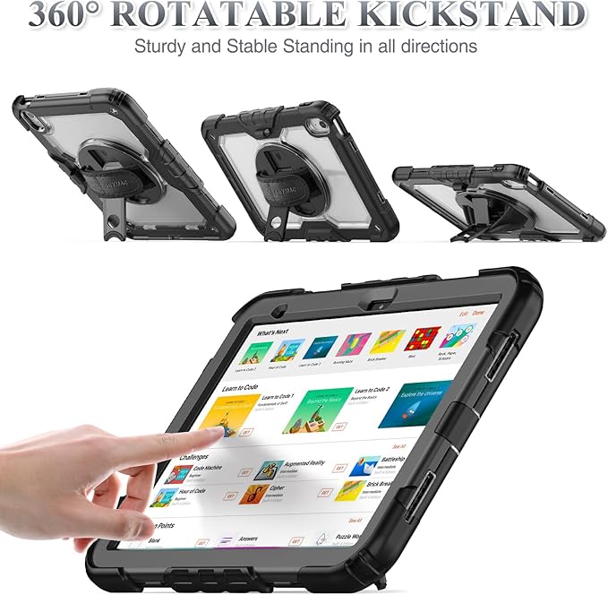 SEYMAC stock Case for iPad (A16) 11th/10th Generation 11''/10.9'' 2025/2022 Full-Body Drop Protection Case with Screen Protector &amp360° Rotate Hand Strap/Stand Transparent+Black