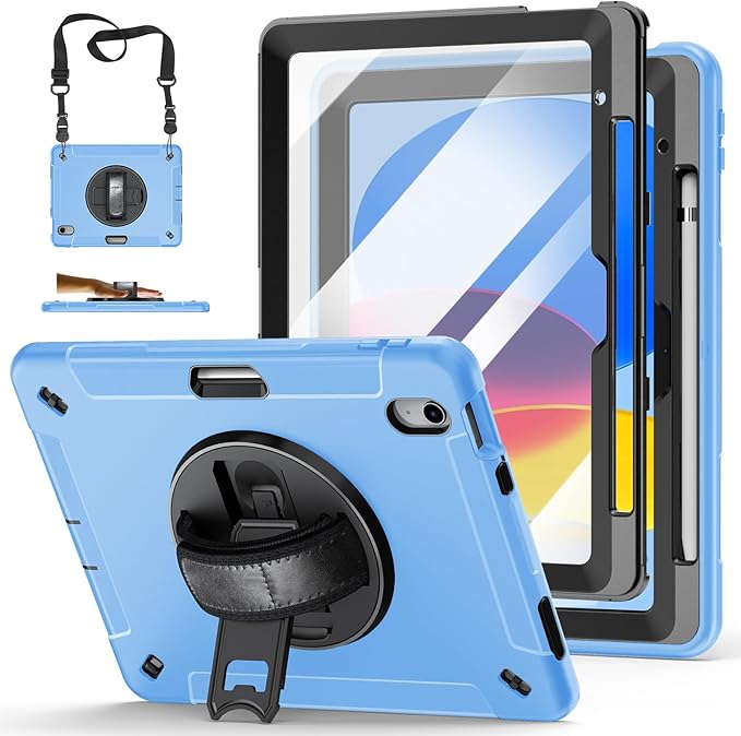 Case for iPad (A16) 11th/10th Generation Case: Protective Cover for iPad 11th Gen 11 Inch 2025 &amp10th Gen 10.9 2022 with Screen Protector- Stand- Shoulder Strap- Handle- Pencil Holder-Light Blue