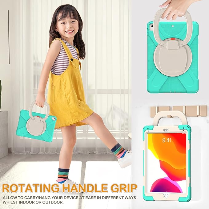 BRAECN Silicone Case for 9.7 Inch iPad 6th/5th Generation Full-Body Protective Case with 360° Rotating&amp180 ° Folding Hand GripPencil Holder Kickstand Shoulder Strap for iPad 6th/5th Gen-Mint G