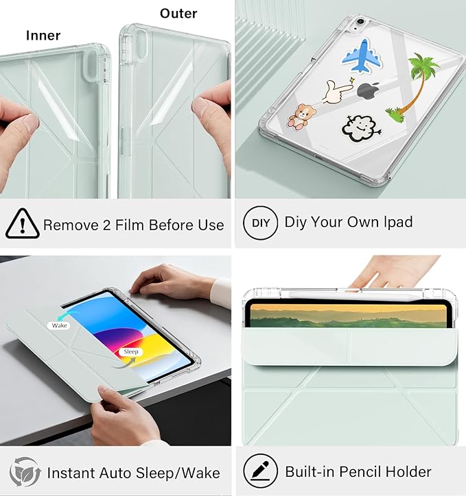 JKSML Case for iPad (A16) 11th/10th Gen with 8+ Viewing Angles DIY Detachable Sliding Cover Fully Clear Hard Back Shell Solid Y-fold Stand Pencil Holder for iPad 10.9 (2022)/ 11 (2025)-Green-1