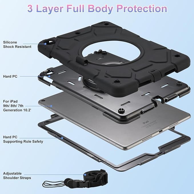 for iPad 9th/8th/7th Generation Case(2021/2020/2019)360°Rotating Handle Stand with[ Pencil Holder&ampShoulder Strap] Heavy Duty Shockproof Kids Cover for iPad 10.2 inch (Black)