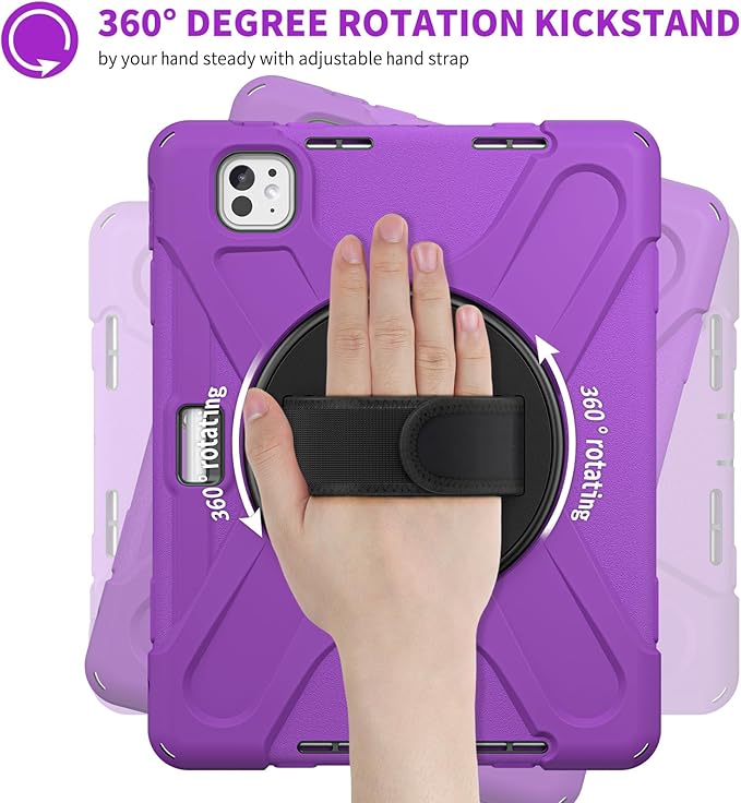 Batianda Case for New iPad Pro 11-inch 2025 M5 2024 M4 Chip Heavy Duty Rugged Durability Silicone Tablet Cover with 360° Rotating Hand Strap Foldable Hidden Stand &amp Shoulder Strap Purple