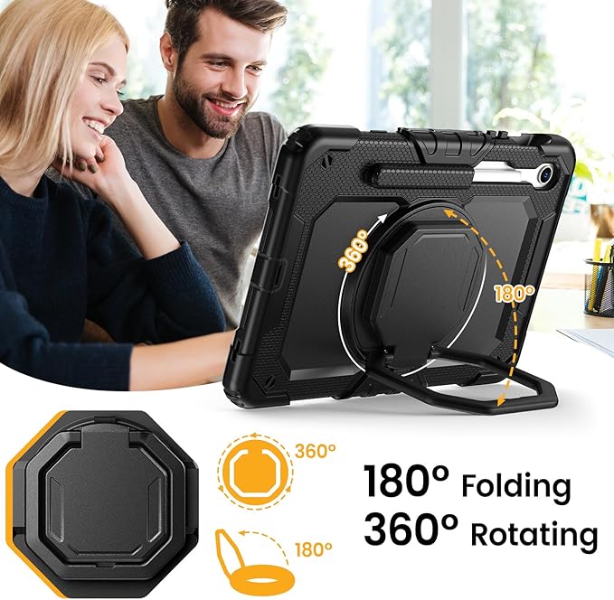 HXCASEAC Case for Galaxy Tab S10 lite / S10 FE / S9 FE 10.9 Inch Shockproof | 360° Rotating Stand | S Pen Holder | Screen Protector | Shoulder Strap | Samaung S10 Lite Tablet Case Kids Black