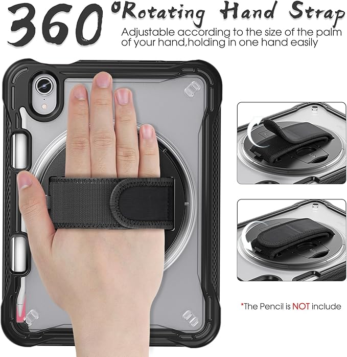 BRAECNstock Case for iPad mini 7 (A17 pro) 2024 &amp Mini 6 2021 8.3-inchShockproof Protective Cover with Pencil HolderScreen Protector360° Rotating Hand Strap/Stand-Black