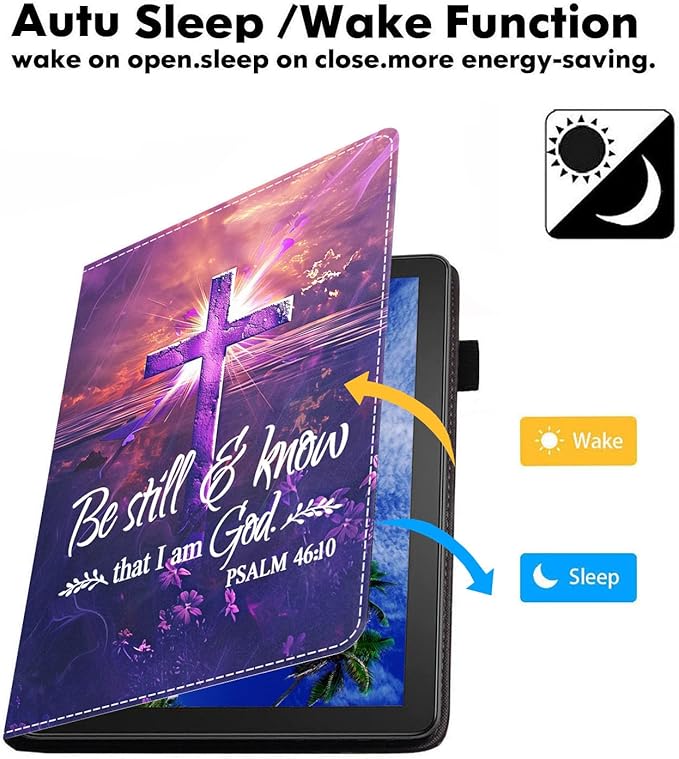 Case for Amazon Kindle Fire 7 Tablet (7 9th/7th Generation 2019/2017 Release) Slim PU Leather Cover with Card Slot &amp Auto Wake/Sleep Cross Quote Bible Verses Psalm 46:10