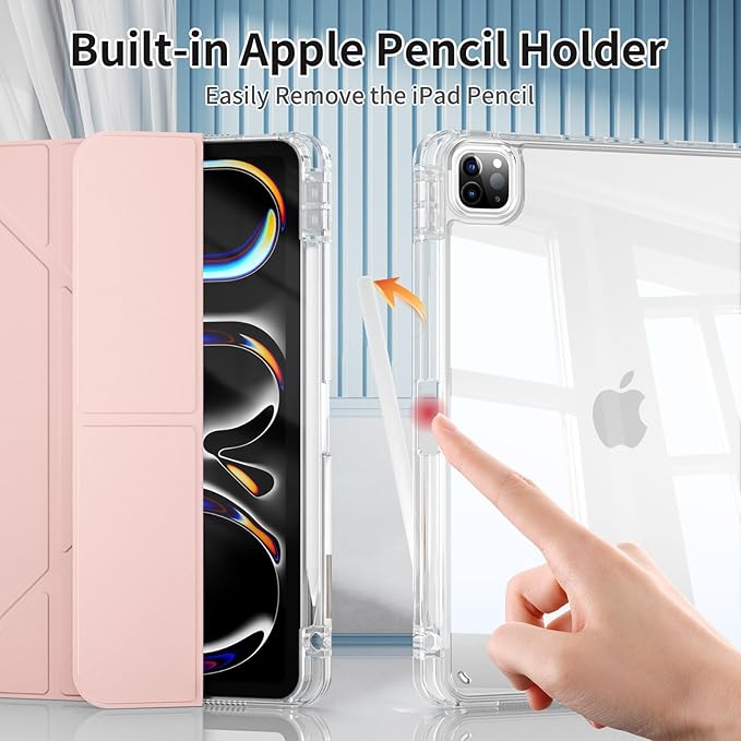 kenke Case for iPad Air 13 Inch (M3 2025/M2 2024) iPad Pro 12.9 Inch 6th/5th Generation (2022/2021) with Pencil Holder Y Folding Stand Cover with Hard Clear PC Back Support Touch ID Light Pink