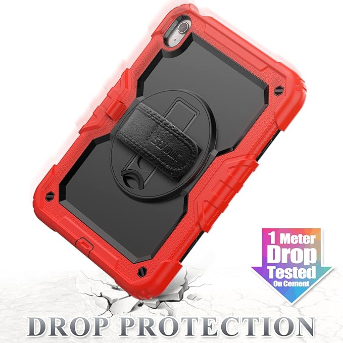 SEYMAC stock Case for iPad (A16) 11th/10th Generation 11''/10.9'' 2025/2022 Full-Body Drop Protection Case with Screen Protector &amp360° Rotate Hand Strap/Stand Black+Red