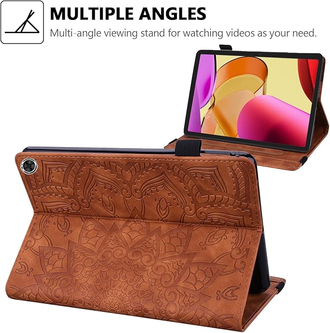 Case for Amazon Fire Max 11 (2023) Techcircle Stylish Mandala Embossed PU Leather Folio Stand Soft TPU Back Cover Slim Lightweight Elastic Band Protective Case with Pen Holder &amp Card Slots Brown