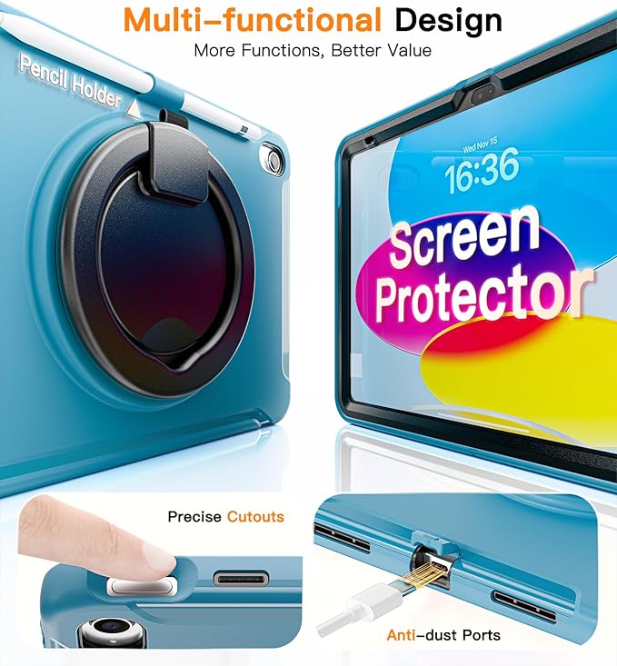 BATYUE Shockproof Case for iPad 10th Gen 10.9 2022 / 11th Gen (A16) 11 2025 | 360° Multi-Angle Stand (Portrait &amp Landscape) &amp Grip Built-in Screen Protector Pencil Holder Lake Blue