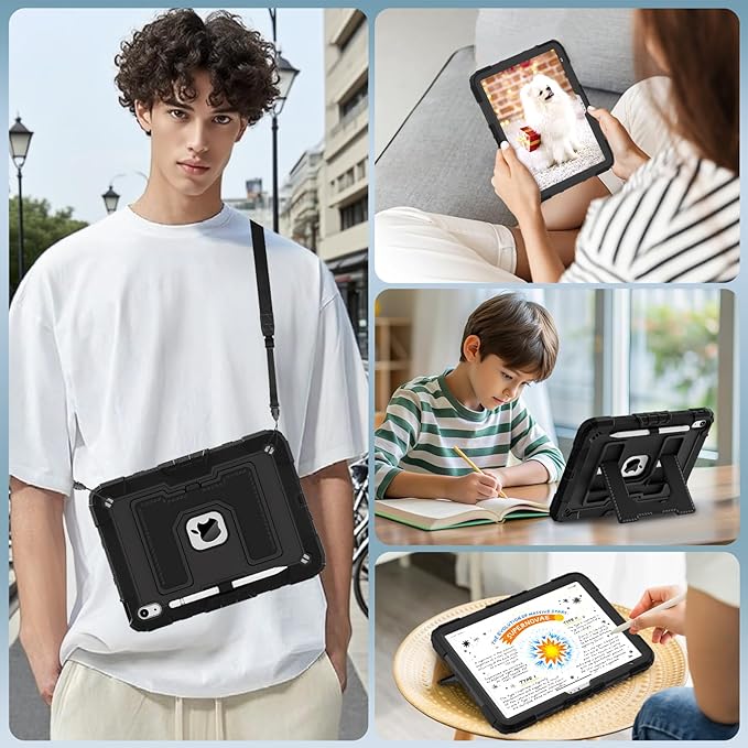 WESOROL Case for iPad A16 11th Generation 11 Inch (2025) iPad 10th Generation 10.9 Inch (2022)i Pad A16 Case Military Grade Shockproof Cases with Pencil Holder Shoulder StrapBlack