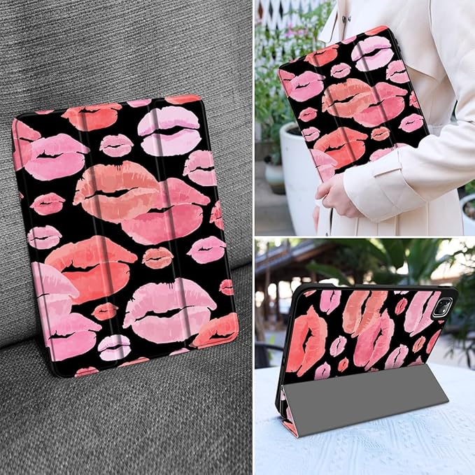 MEEgoodo for iPad Pro 12.9 Case M2 6th/5th/4th/3rd Generation 2022 2021 2020 2018 with Pencil Holder Tablet Cover with Soft TPU Back Shell Red &amp Pink Lips