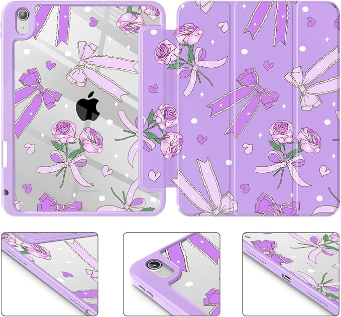 Tuiklol Case for iPad 11 inch (A16 Chip) 2025 Gen 11th / iPad 10.9 inch 2022 10th Gen Buit in Pencil Holder with Shockproof Cover Clear Transparent Back Shell Auto Wake/SleepBow &amp Rose Purple