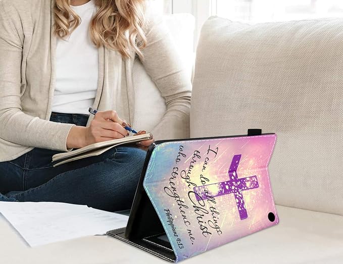 Case for Kindle Fire HD 10/Fire HD 10 Plus Tablet (11th Gen 2021 Release) Premium PU Leather Cover with Card Slot &amp Pencil Holder Christian Cross Quote Bible Verse Philippians 4-13